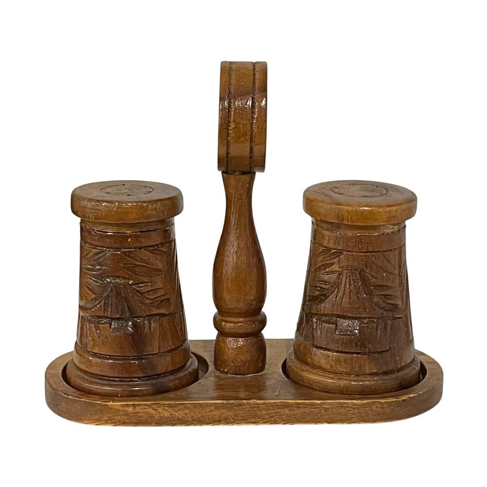 Vintage Hawaii Hardwoods Monkeypod Wood Salt Pepper Shaker Set‎ w Caddy Tiki MCM